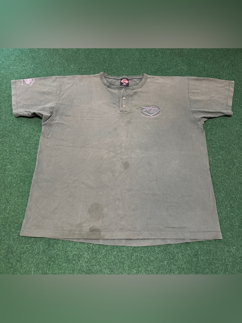 Harley Davidson 90s Henley Vintage Green Biker XXL Boxy 27x28 T Shirt
